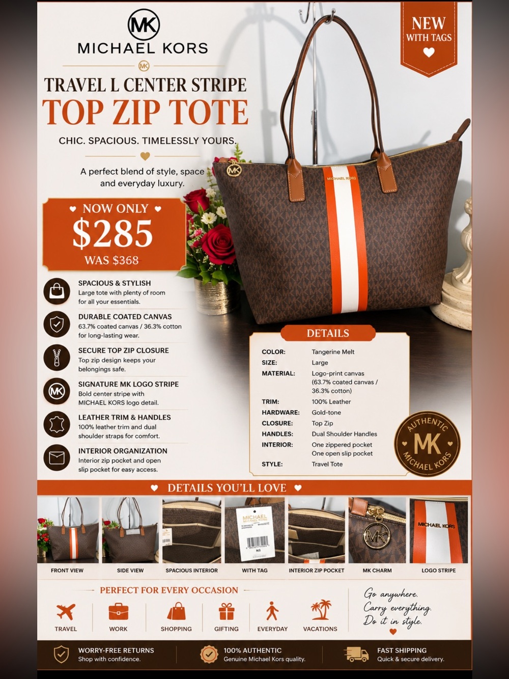 Michael Kors Travel L Center Stripe Top Zip tote